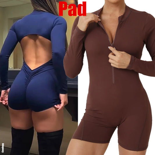 Pad Zipper Long Sleeve Yoga Set Women One Piece Jumpsuit Gym Workout Shorts Fitness Bodysuit Sports Athletic Suit XP358