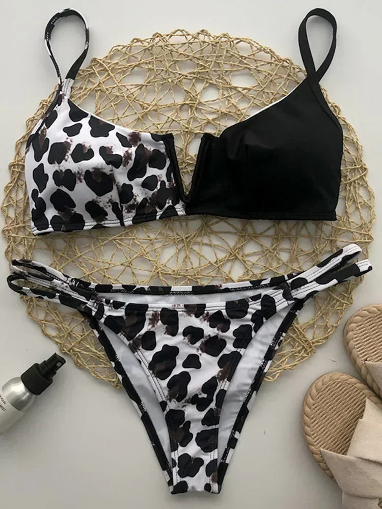 Ribbed Polka Dot Bikinis V-Bar Underwired Bikini Women Swimwear Female Swimsuit Two Pieces Bikini Set High Cut Bathing Suit Swim