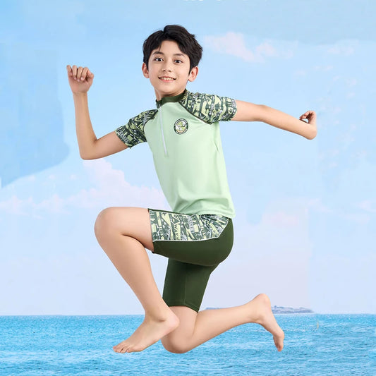 Summer Swimming Suit For Kids Boy Swim Sets Children Swimwear Short Sleeve Swimsuit Split Two Piece Beachwear Fast Dry Trunks