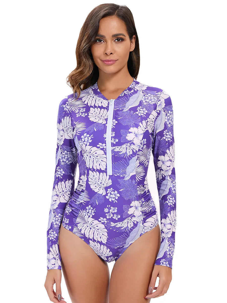 Floral Print Long Sleeve Rash guard Women's Surf One-Piece Swimsuit with High-Cut Leg UPF 50+