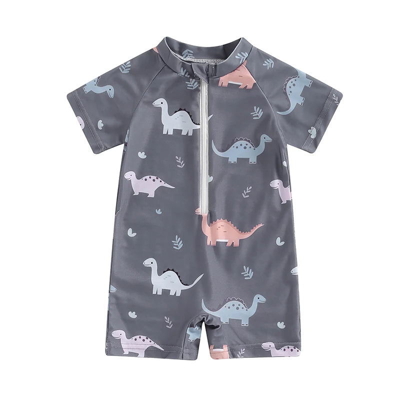 Baby Boy's Dinosaur Swimsuit Round Neck Half Zip Up Short Sleeve Rash Guard Swimwear Infant Toddler Bathing Suit 0-3T