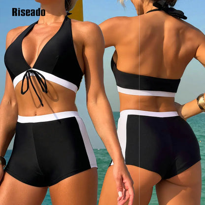 Women's Two Piece Black Swimsuit Push Up Bikini Set Swimwear with Boy shorts V Neck Bathing Suit