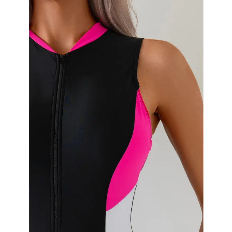 Women's High-Neck Zip-Front One-Piece Swimsuit – Black, Pink & White