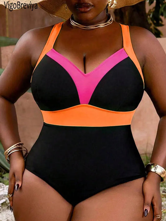 Solid Patchwork Plus Size Swimwear Women Strapped Curvy One Piece Swimsuit Lady Large Big Bathing Suit