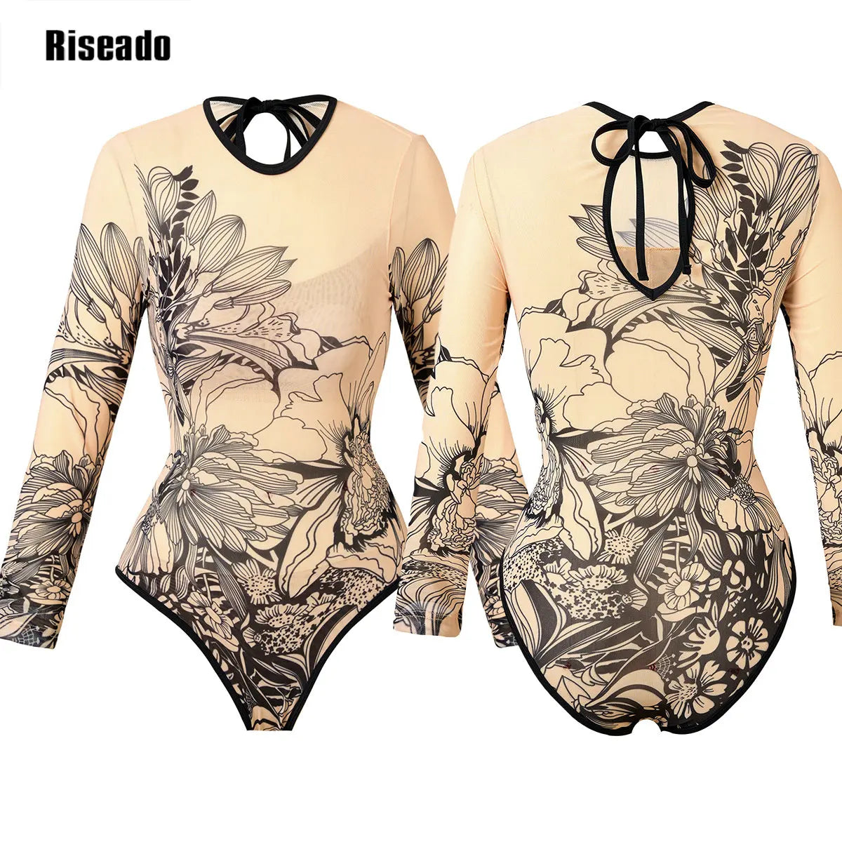 Womens Long Sleeve Mesh Rash Guard UV UPF 50+ Sun Protection Printed  High Waist Surfing One Piece Swimsuit Bathing Suit