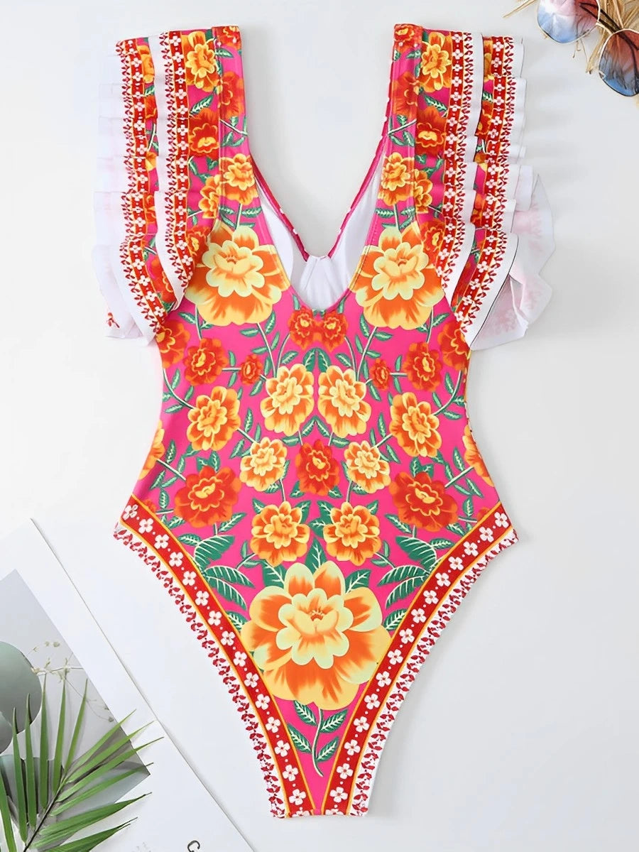 Ruffle Push Up Swimwear Women One Piece Floral Swimsuit Vintage Bather Bathing Swimming Swim Suit Beachwear Summer Bodysuit