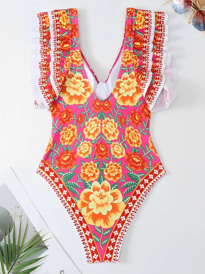 Ruffle Push Up Swimwear Women One Piece Floral Swimsuit Vintage Bather Bathing Swimming Swim Suit Beachwear Summer Bodysuit