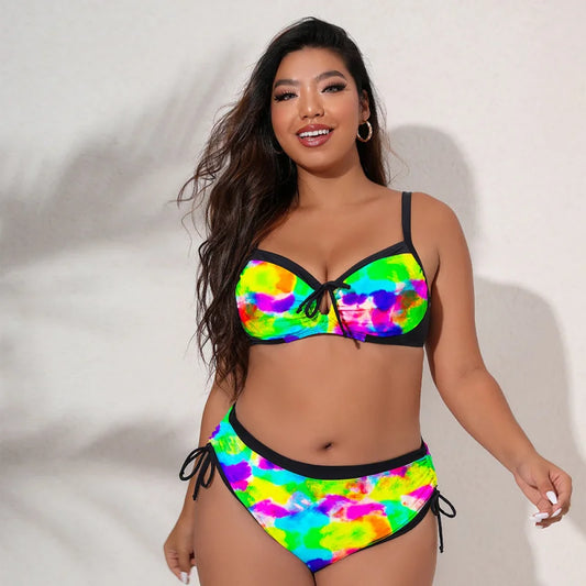 Trendy Bikini Three-Color Print Tie Adjustable Plus Size Two-Piece Swimsuit