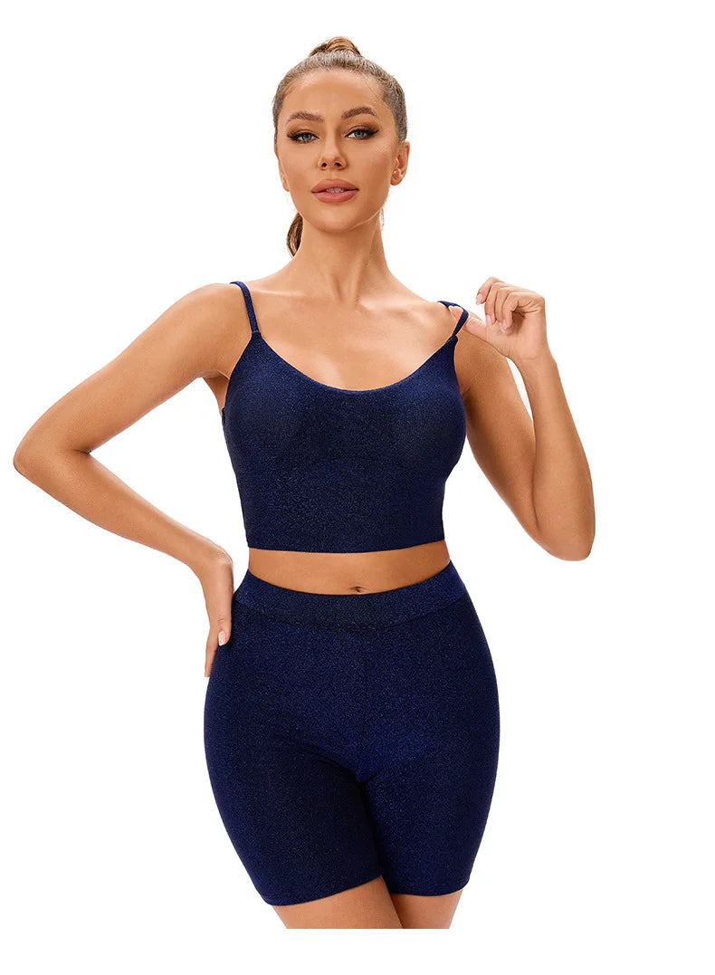 Solid Color Metallic Split Swimsuit - Women's High Waist Swimwear with Backless Design & Boy short Cut
