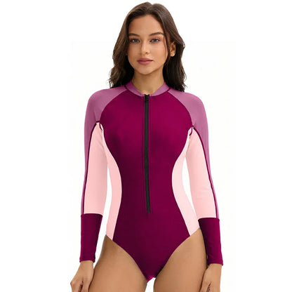 Women Long Sleeve Swimsuit Triangular One Piece Swimwear Sun Protection Rash Guard Padded Surfing Suit Front Zipper Beachwear