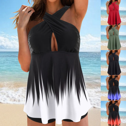 Women Conservative Tankini Swimsuits Hanging Neck Hole Backless Color Block Bathing Suits Solid Color Comfy Flat Angle Shorts