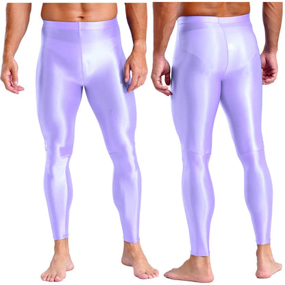 Mens Breathable Pure Color Oil Sports Pants Shiny Metallic Stretchy Casual Leggings Gym Running Workout Fitness Pants Trousers