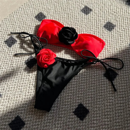 Flower Bandeau Swimwear Thong Bikini Women Lace-up Swimsuits Swimming Bathing Suit Brazilian Bikinis Set