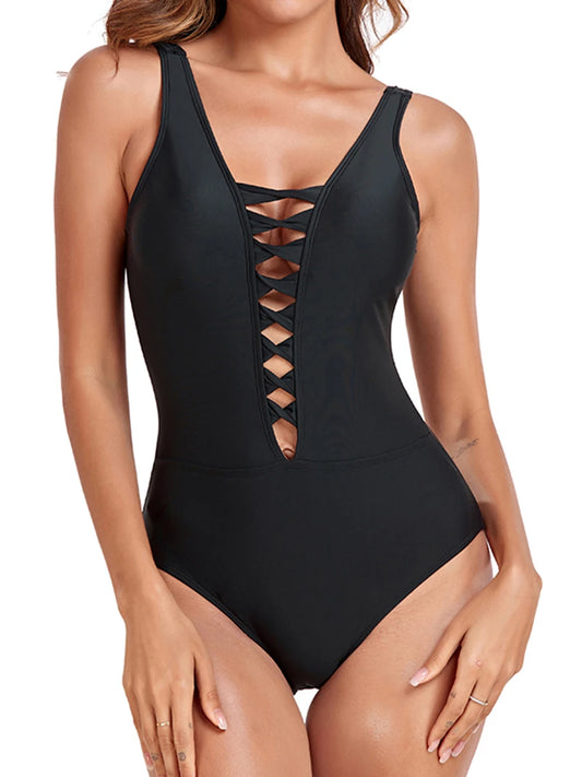 Solid Women One Piece Hollow Out Deep V Swimwear Female Backless Beachwear Bathers Bathing Swimming Swim Suit