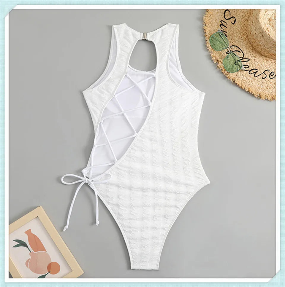 Lace Up Back Swimsuit One Piece Printed Swimwear Women Backless Bathing Swimming Suit Female Padded Beachwear Bodysuit