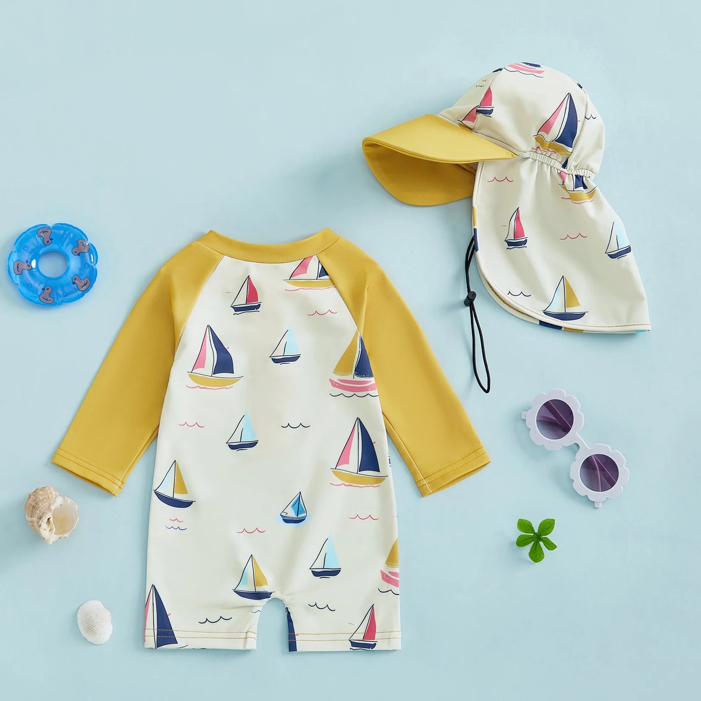 Children Swimsuit with Caps Fashion Sailboat Print Zip Up Long Sleeve Crew Neck Baby Boy Girl Swimwears Beach Wear