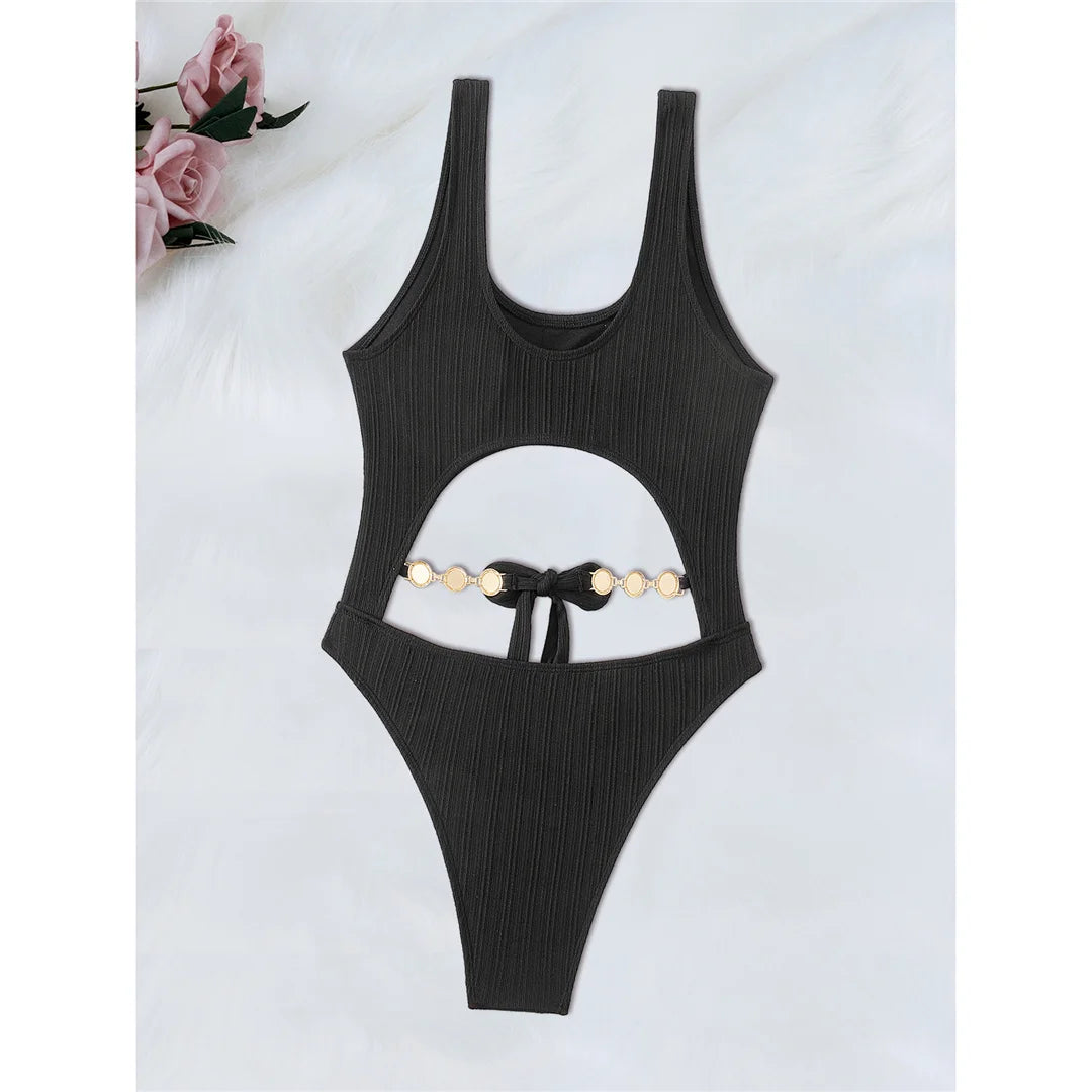 Diamond Rhinestones Tummy Cut Out One Piece Swimsuit Women Swimwear Female Knotted High Leg Cut Bather Bathing Suit Swim