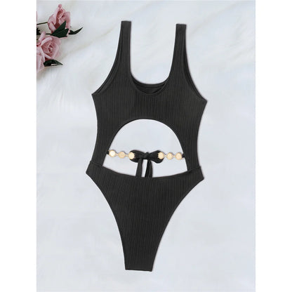 Diamond Rhinestones Tummy Cut Out One Piece Swimsuit Women Swimwear Female Knotted High Leg Cut Bather Bathing Suit Swim