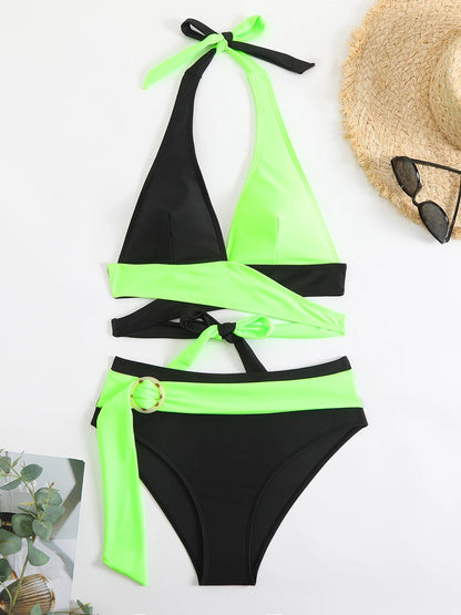 Halter Bikini  Criss Cross Solid Swimsuit High Waist Swimwear Female Bathers Bathing Swimming Suit Padded Beachwear