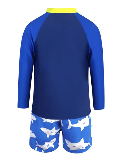 Boy Kids Swimsuit Blue Cartoon Shark Long Sleeve Children Swimwear Summer Split 2 Piece Beachwear Bathing Suit Swimming