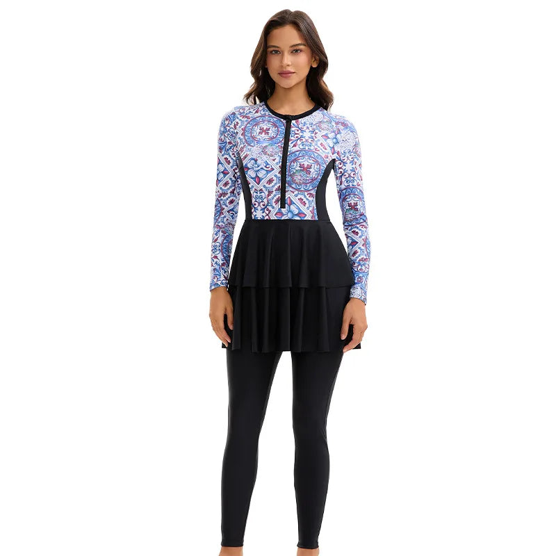 Women's  Rash Guard One-Piece Full Coverage Swimwear - Integrated Long-Sleeve Vintage Pattern + Double Ruffled Skirt Style, Full Coverage