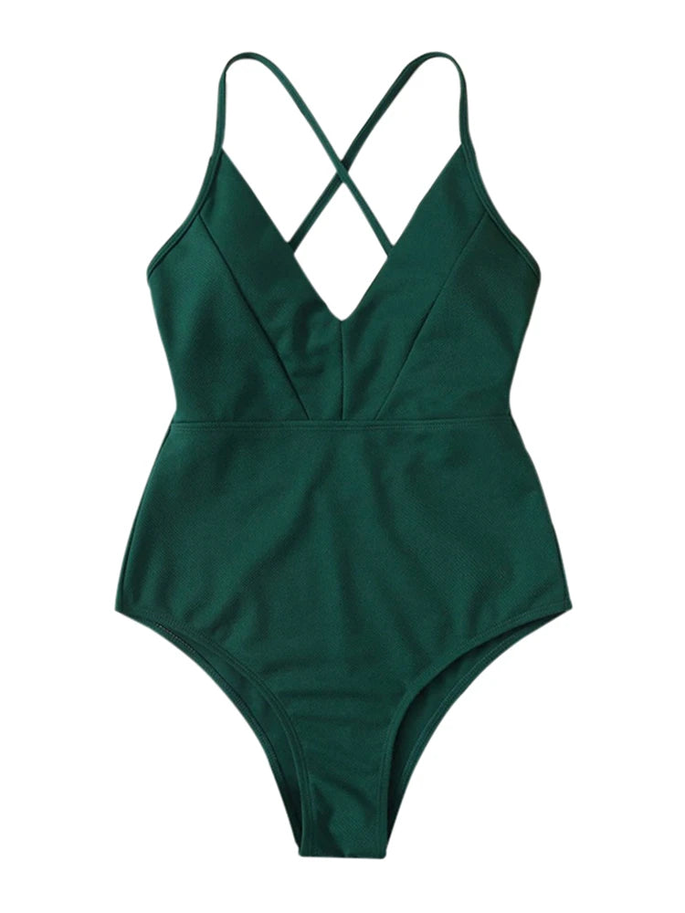 One Piece Swimsuit Women Green Sling V Neck Swimwear Bodysuit Monokini Summer Backless Beach Bathing Suit Female