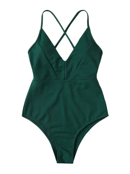 One Piece Swimsuit Women Green Sling V Neck Swimwear Bodysuit Monokini Summer Backless Beach Bathing Suit Female