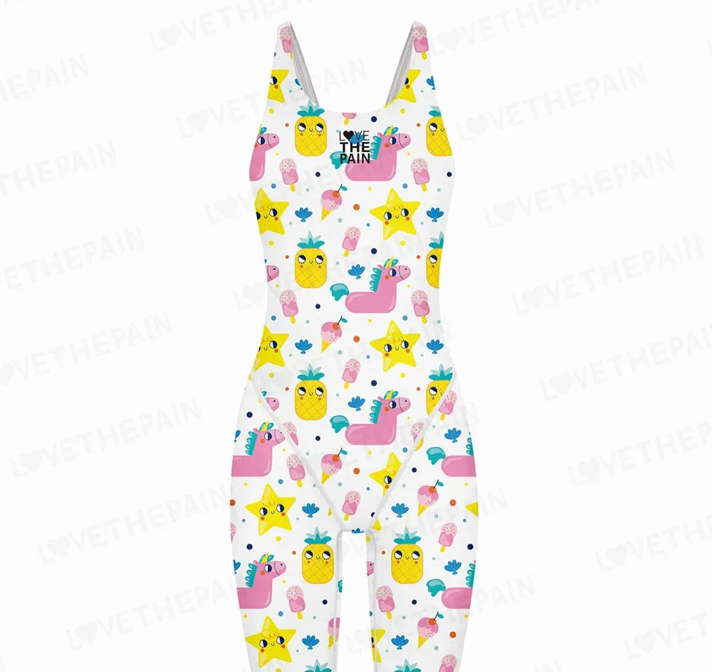 Girl Training Racing Swimwear Girl One Piece Competitive Swimsuits Summer Pool Professional Competition Knee Length Bodysuits