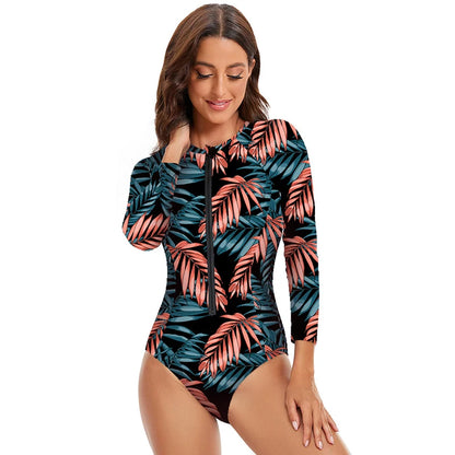 Womens Athletic One Piece Swimsuits Rashguard Long Sleeve Swimsuit Sports Surfing Swimwear Bathing Suits Printed Half Zipper XXL
