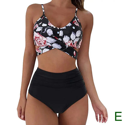 Bikini Two Piece Suit Cross Front Slim High Waisted Bottom Solid/Print Breathable Quick Drying Beachwear