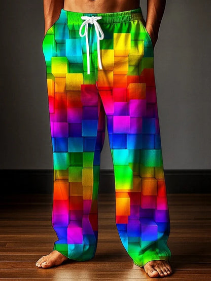 Rainbow Patchwork Print Men's Pants Relaxed Fit Outdoor Casual Breathable Trousers Drawstring Design Plus Size Pants