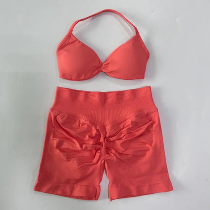 2PCS Gym Set Women Strappy Yoga Bra Top High Waist Workout Scrunch Shorts Sports Suit Seamless Yoga Set Fitness Clothes