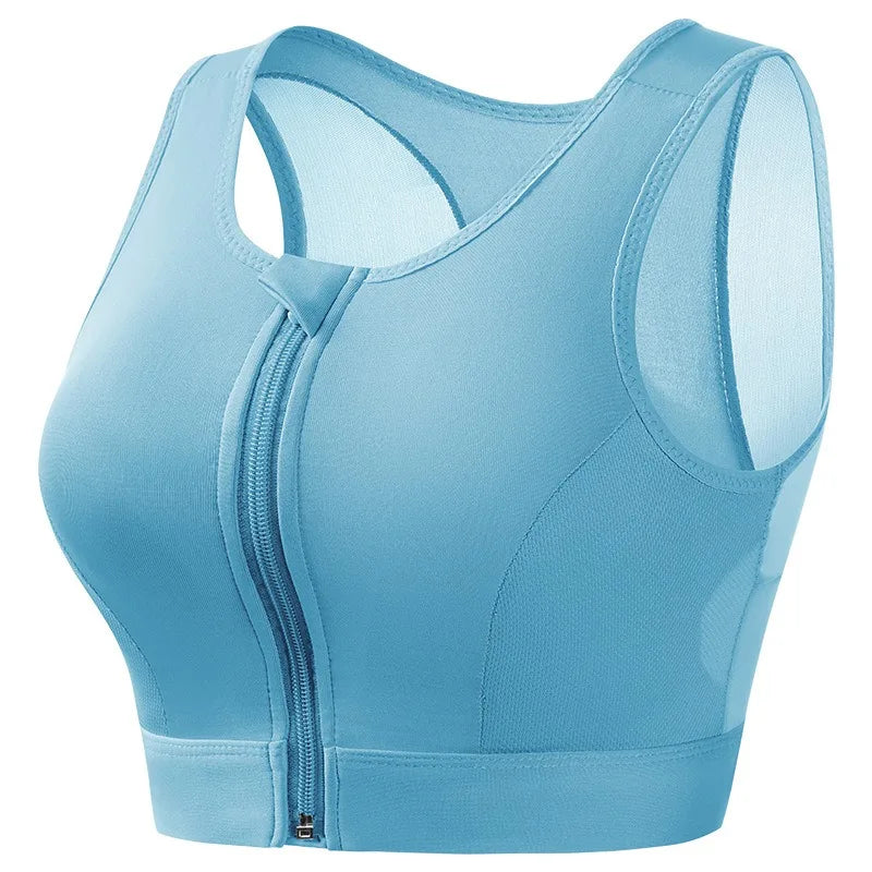 Women's Shockproof Gathered Front Zipper Yoga Bra With Padded Cup Wireless I-shaped Back With Mesh Running Sports Vest