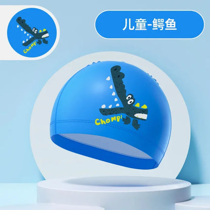 Children's Swimming Caps Boys Girls Kids Cartoon Swim Hat High Elastic Ear Protection PU Waterproof Swimming Cap