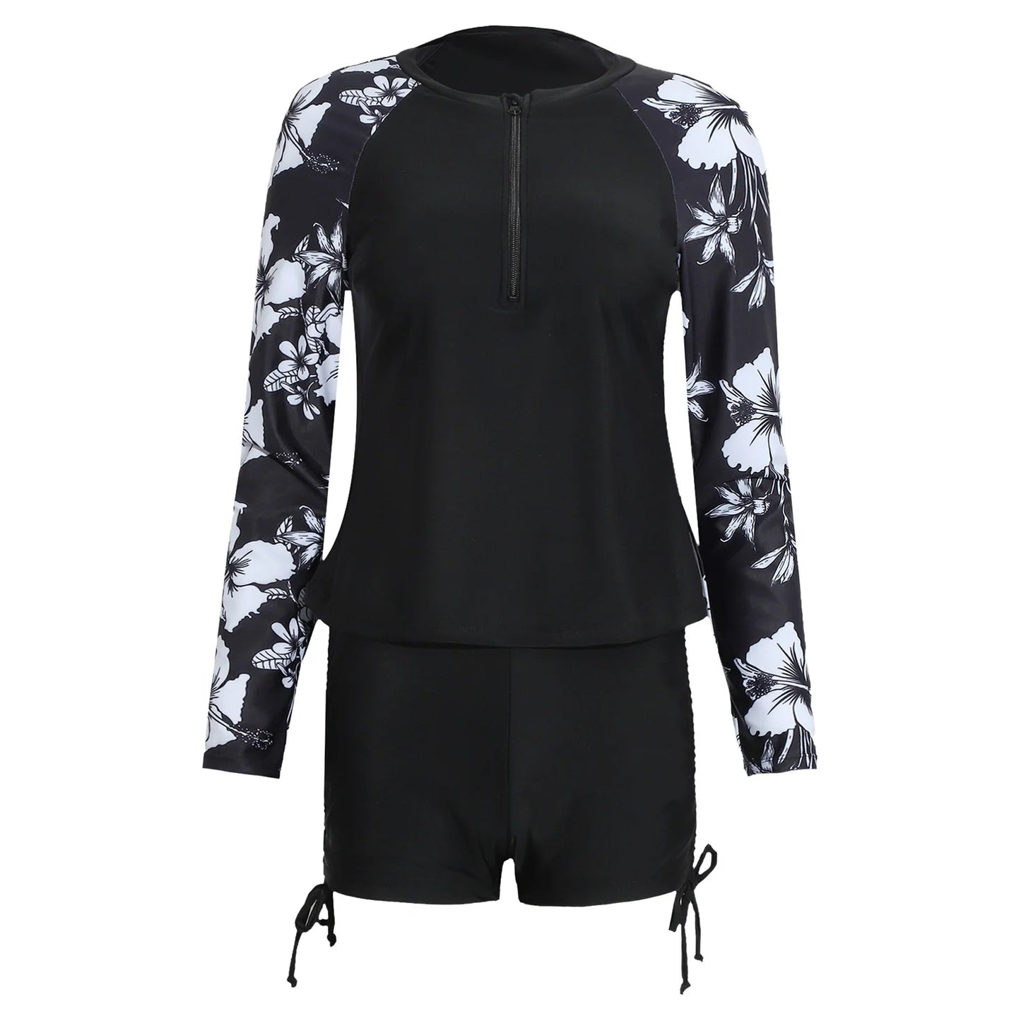 Womens Swimwear Athletic Swim Sets Print Long Sleeve Half Zipper Wireless Chest Pads Top with Side Drawstring Shorts Swimsuit