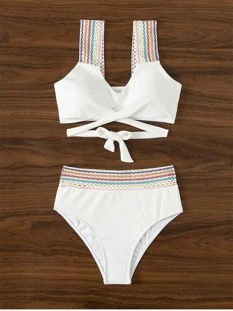 Cross Wrap Ribbed Bikinis Women Swimwear Female Swimsuit Two Piece White High Waist Bikini Set Bather Bathing Suit