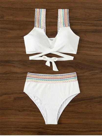 Cross Wrap Ribbed Bikinis Women Swimwear Female Swimsuit Two Piece White High Waist Bikini Set Bather Bathing Suit