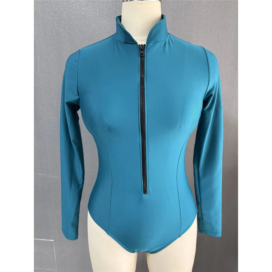 S - 2XL 4 Colors Long Sleeve With Zipper Surf Rash Guard One Piece Swimsuit Women Swimwear Female Bather Bathing Suit Swim