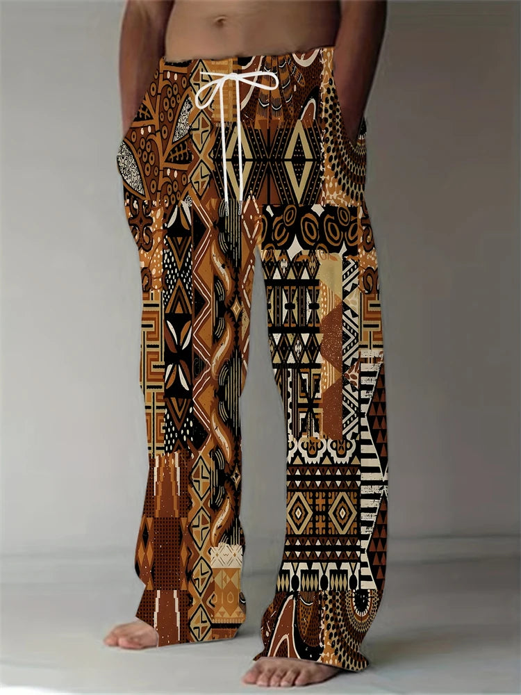 Fashion Men's Casual Pants Vintage Ethnic Print Men's Casual Pants Beach Travel Wide Leg Pants Street Oversized Men's Trousers