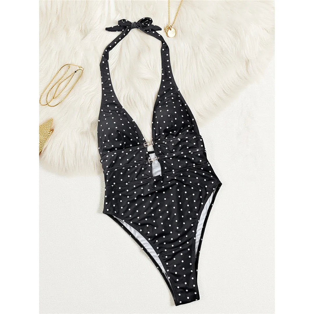Polka Dots Halter Deep V Neck One Piece Swimsuit Women Swimwear Female Backless Monokini Padded Bather Bathing Suit Swim