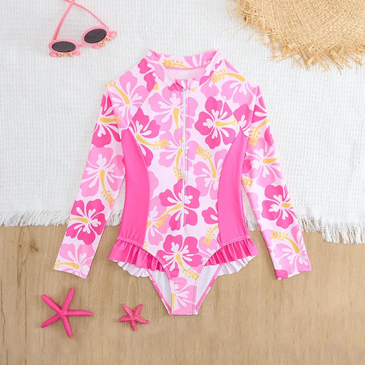 Pink Girls One Piece Swimsuit 7-12 Year Kids Swim Suit Children's Swimwear Flower Bathing Suits Beach Wear Bodysuit