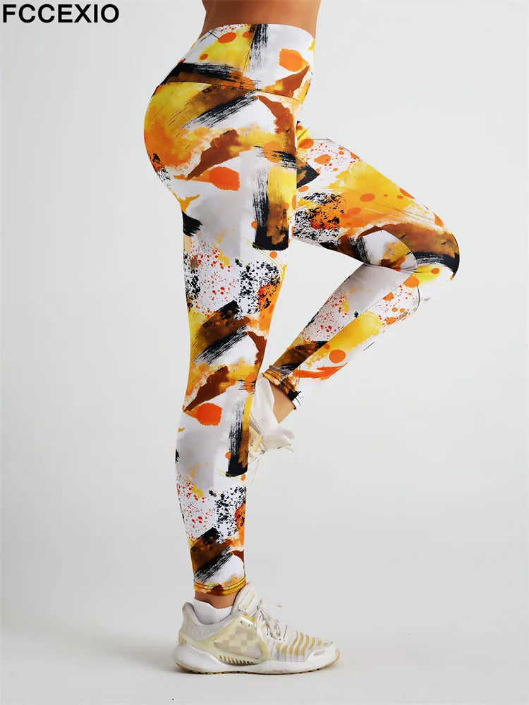 FCCEXIO Rendering Tie Dye Lines Print Women Pants Push Up Running Sports Leggings Slim Pants Casual Fitness Trousers