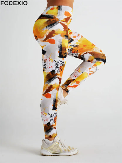 FCCEXIO Rendering Tie Dye Lines Print Women Pants Push Up Running Sports Leggings Slim Pants Casual Fitness Trousers