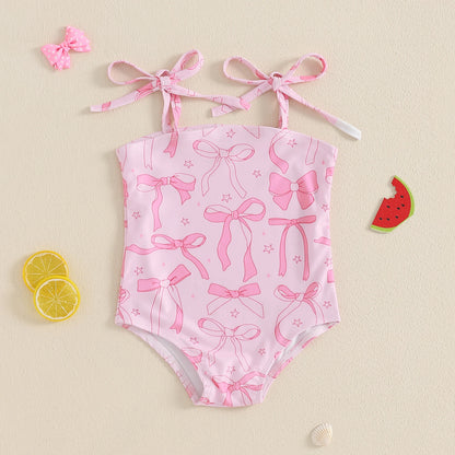 Kids Girls Sleeveless Bikini Swimsuit Cute Elastic Bow Print Strap Children Swimwear for Summer Beach Bathing Suit
