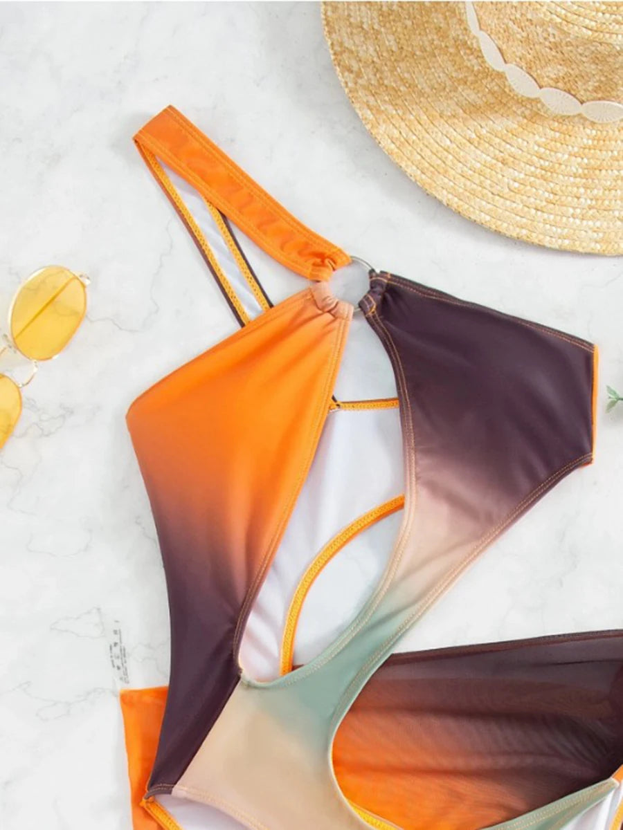 Printed Swimsuit Monokini One Shoulder With Beach Skirt One Piece Swimwear Female Beach Wear Bathing Swimming Suit Women