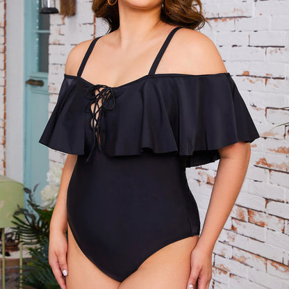 Plus Size Swimwear Women One-piece One Shoulder Solid Swimsuit Beachwear Ruffles Lace Up High Waist Bathing Suit 4XL