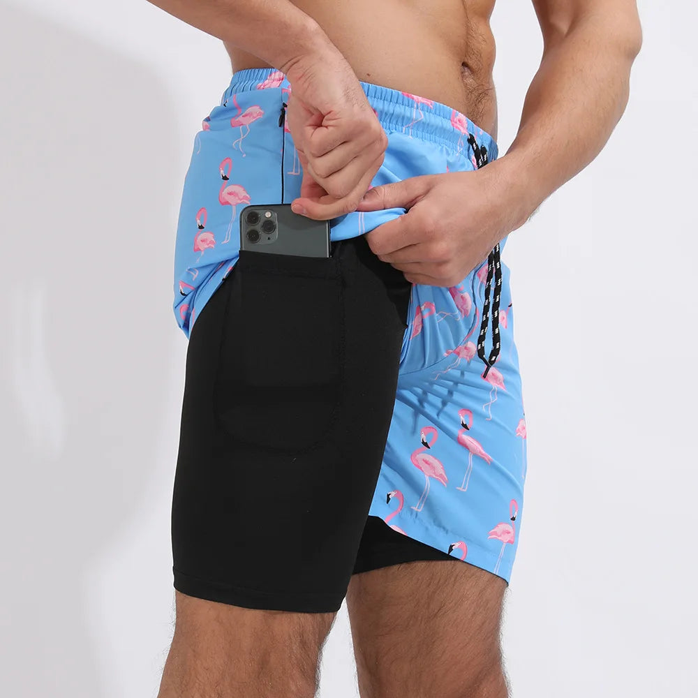 Men Swimwear Summer Gym Beach Shorts Male Quick Dry Sport Swimming Shorts Trunks Sexy Swimsuit 2 In 1 Man Board Shorts Beachwear