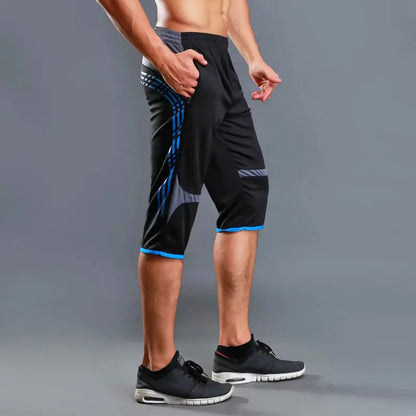 Summer Men Sports Striped Cropped Pants Fitness Running Riding Train Quick Drying Breathable Loose Thin Large Size Shorts