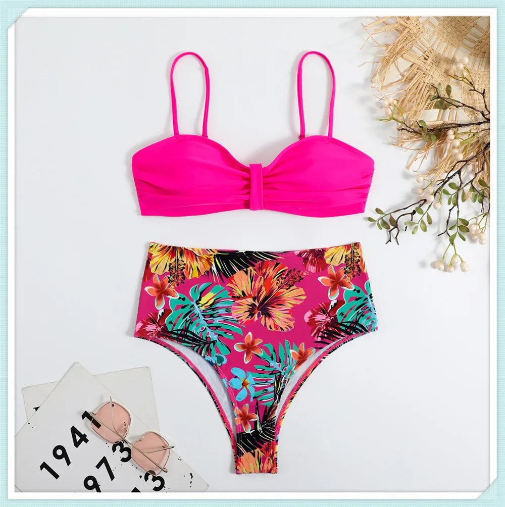 Solid Bandeau Bikini Set Women Tropical Printed Swimwear Female Push Up Swimsuit High Waist Bathing Suit Tie Back Beachwear
