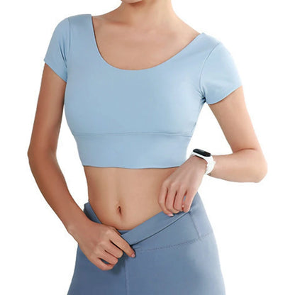 Built-in Cup Gym Crops U Neck Yoga Crop Top Grace Neck Line Bra Elastic Stretchy Fitness Crops Breathable Gym Top